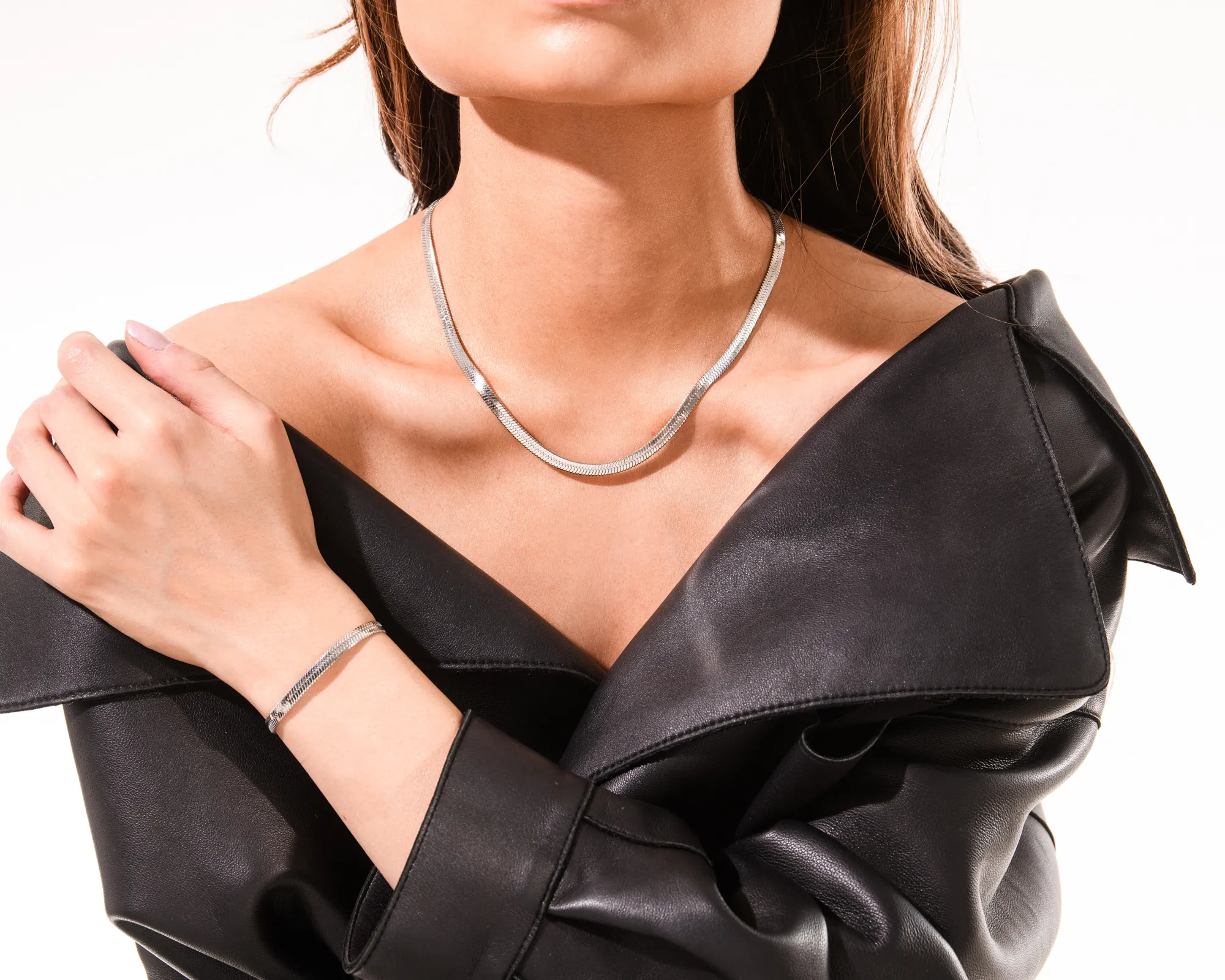 Bold Herringbone Matching Set In Silver Size S/M - Image 3