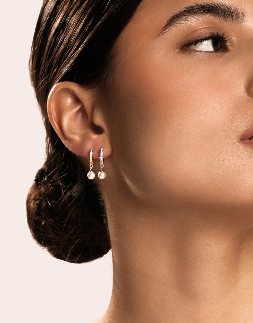 Crystal Pearl Hoop Earrings Gold - Image 5