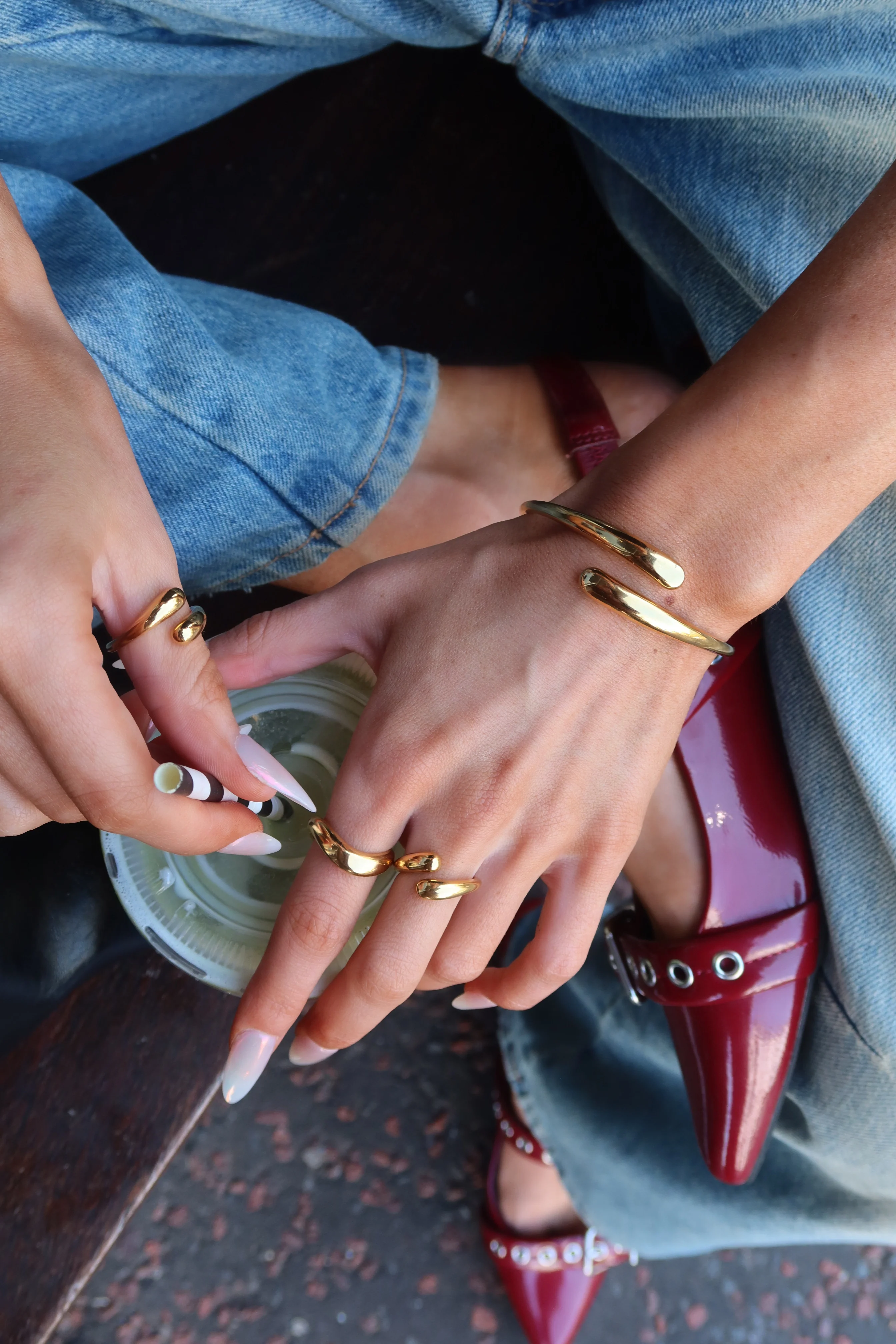 Dome Cuff Bracelet & Celeste Hoops Set Gold - Image 5