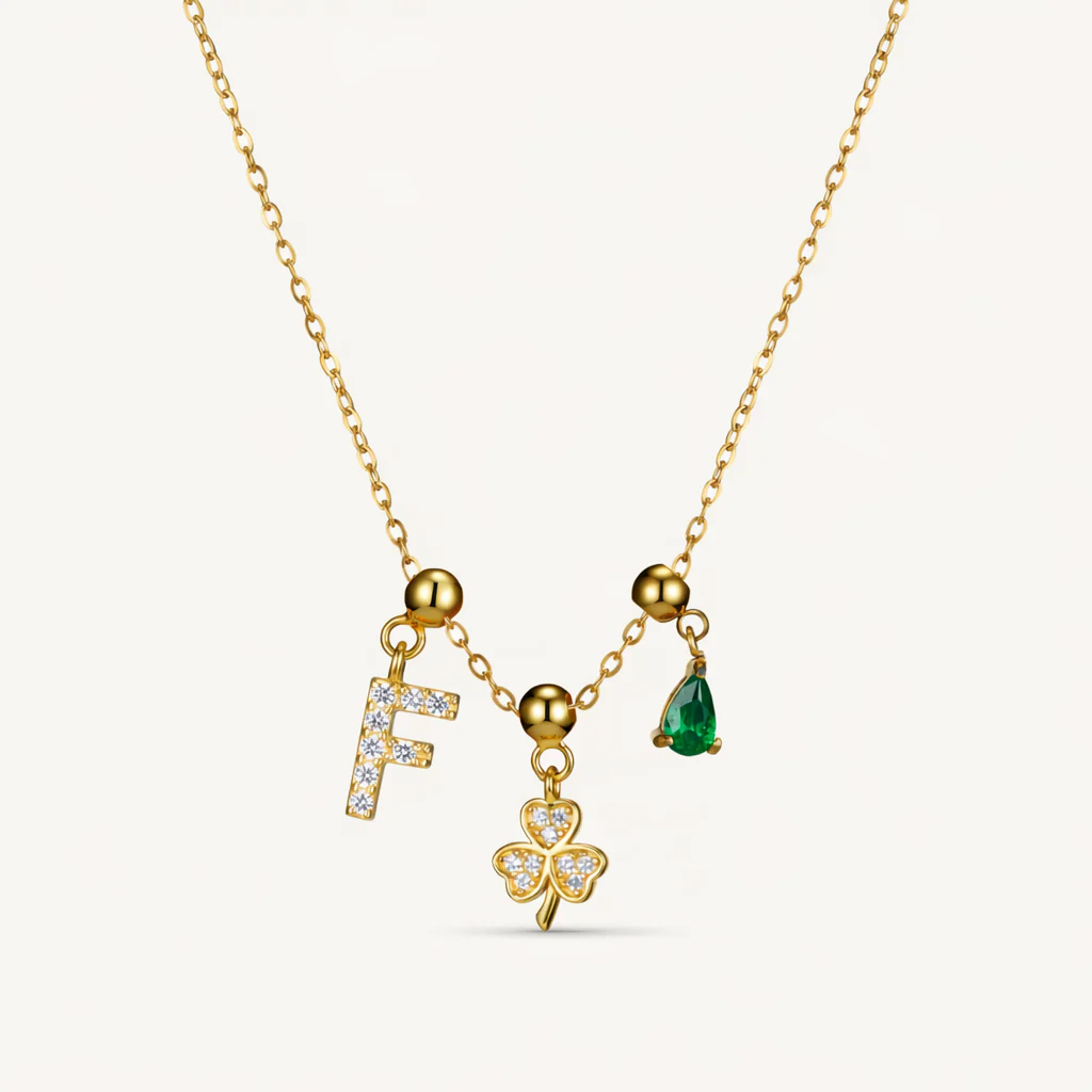 F Lucky Emerald Charm Necklace Gold