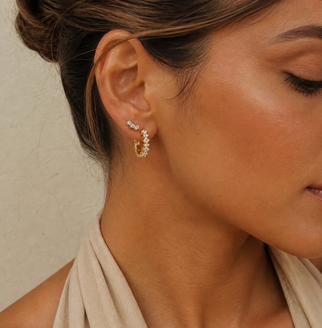 Flora Crystal Hoop Earrings & Trio Spike Studs Set Gold