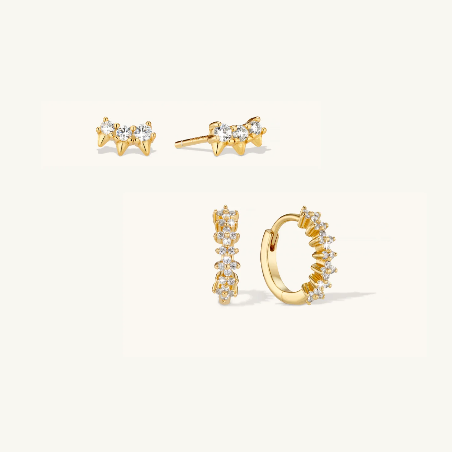 Flora Crystal Hoop Earrings & Trio Spike Studs Set Gold - Image 2