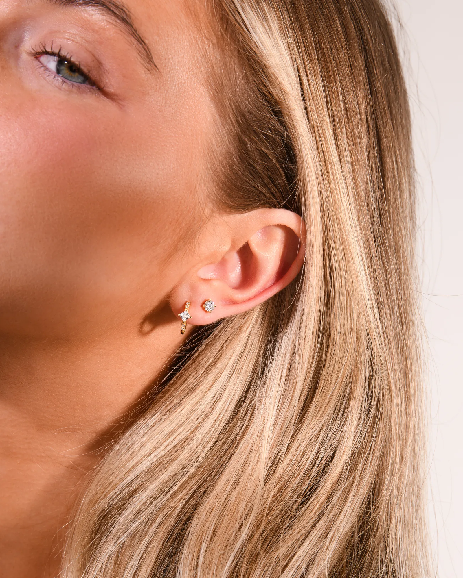 Halo Hoop Earrings & Diamond Studs Set Gold - Image 4