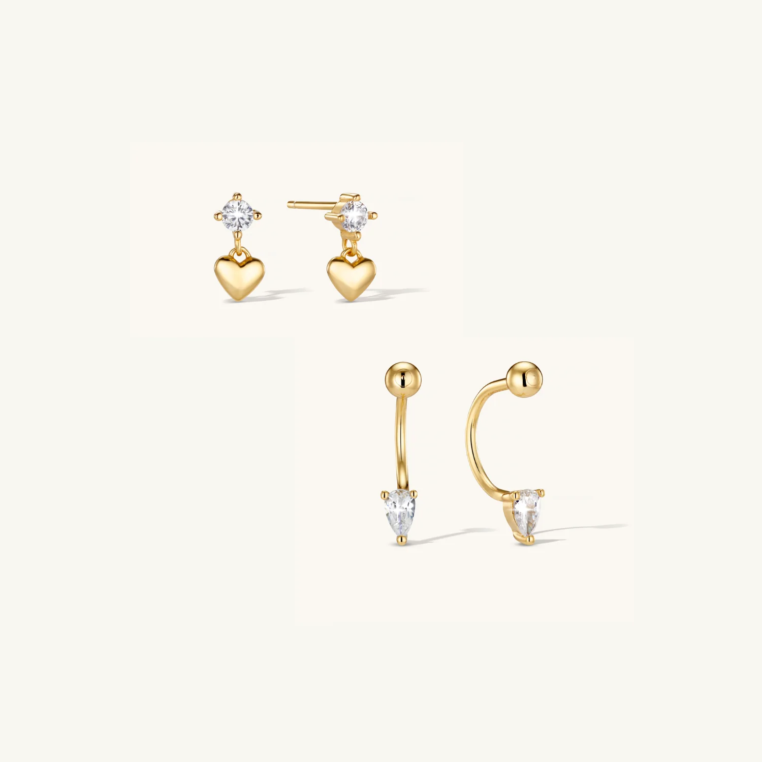 Illusion Stud Earrings & Heart Drop Stud Earrings Set Gold - Image 2
