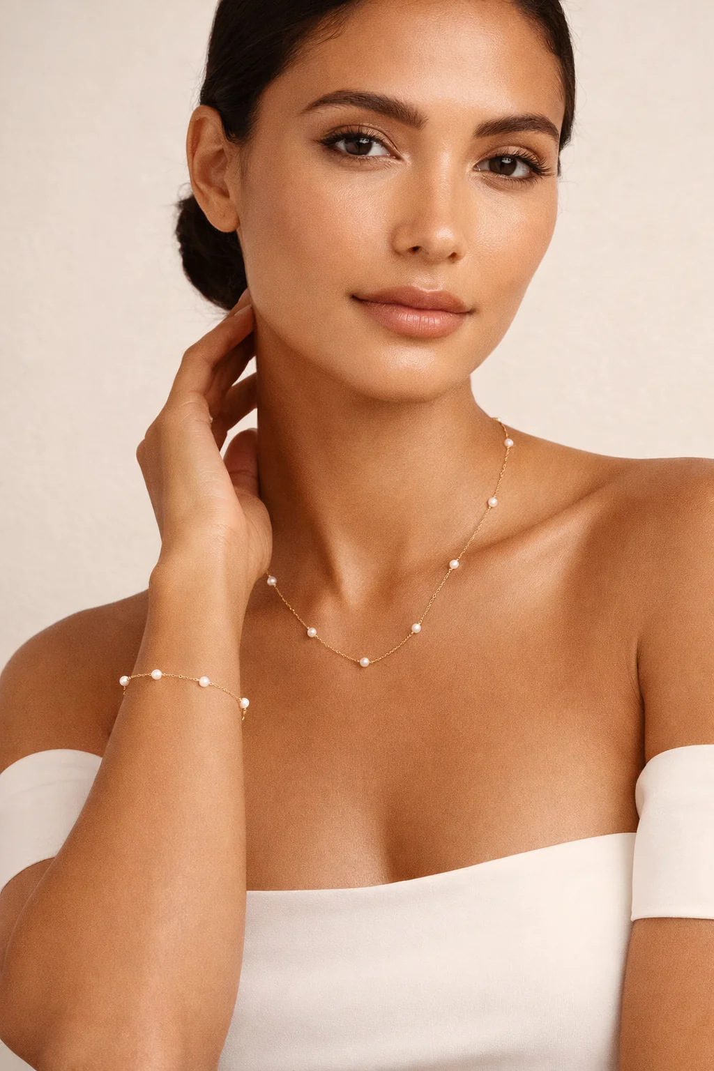 Infinity Pearl Bracelet & Trinity Pearl Studs Set in Gold - Image 2