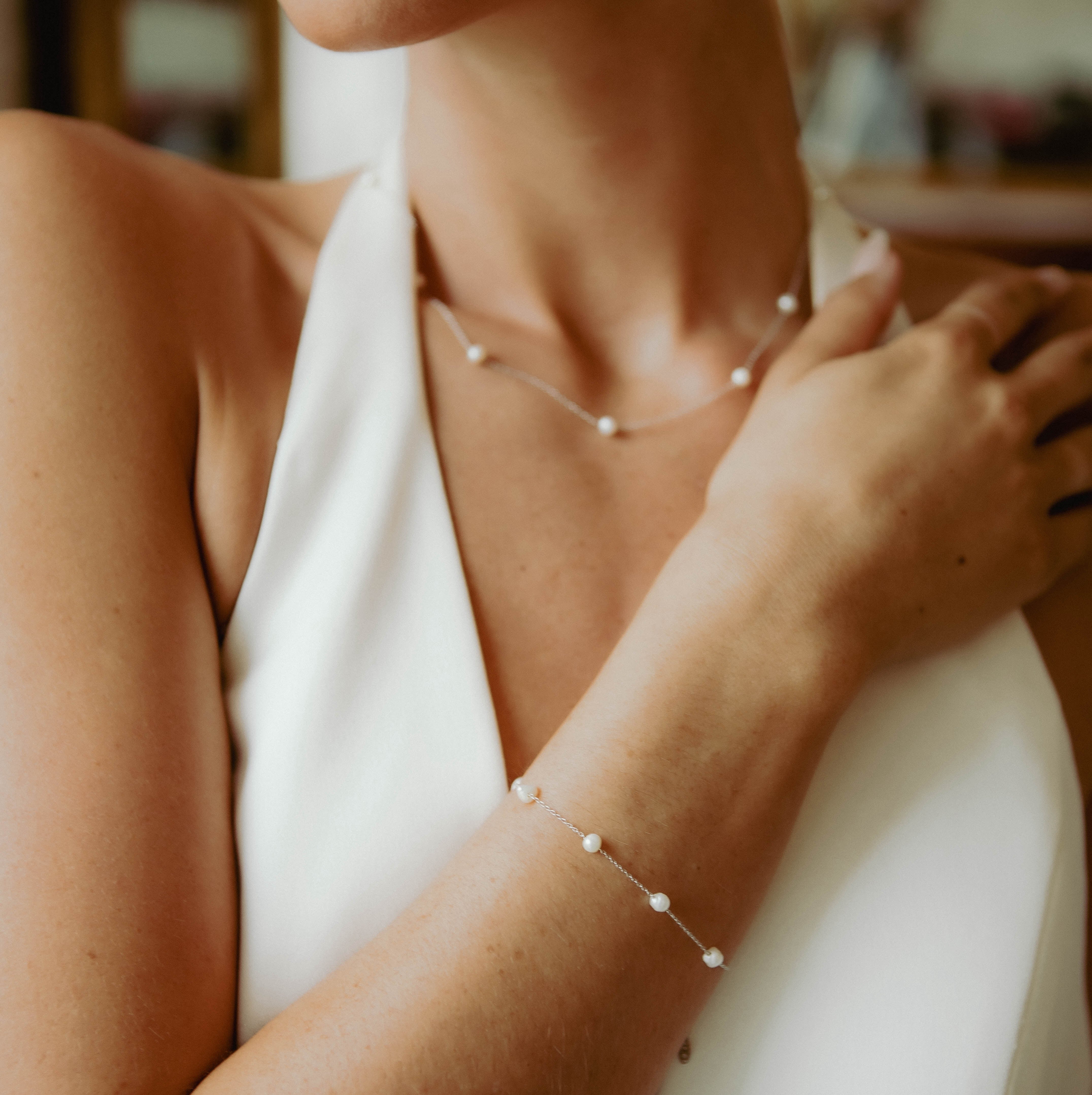 Infinity Pearl Bracelet & Trinity Pearl Studs Set in Gold - Image 5