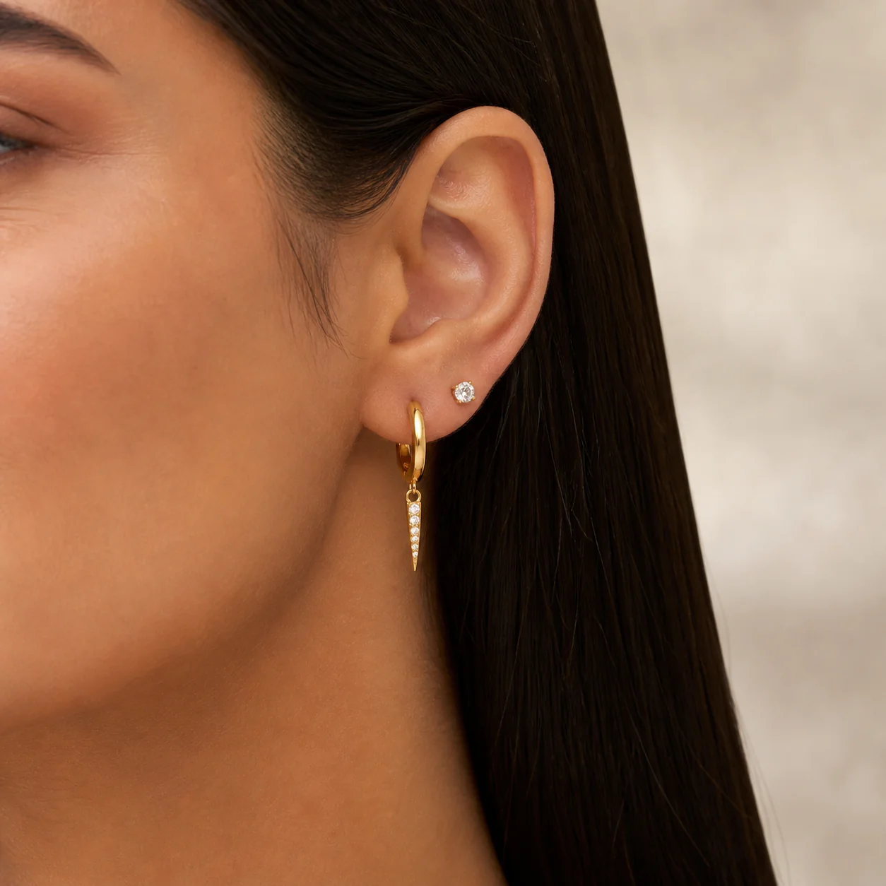 Pave Drop Hoop Earrings & Diamond Studs Set Gold