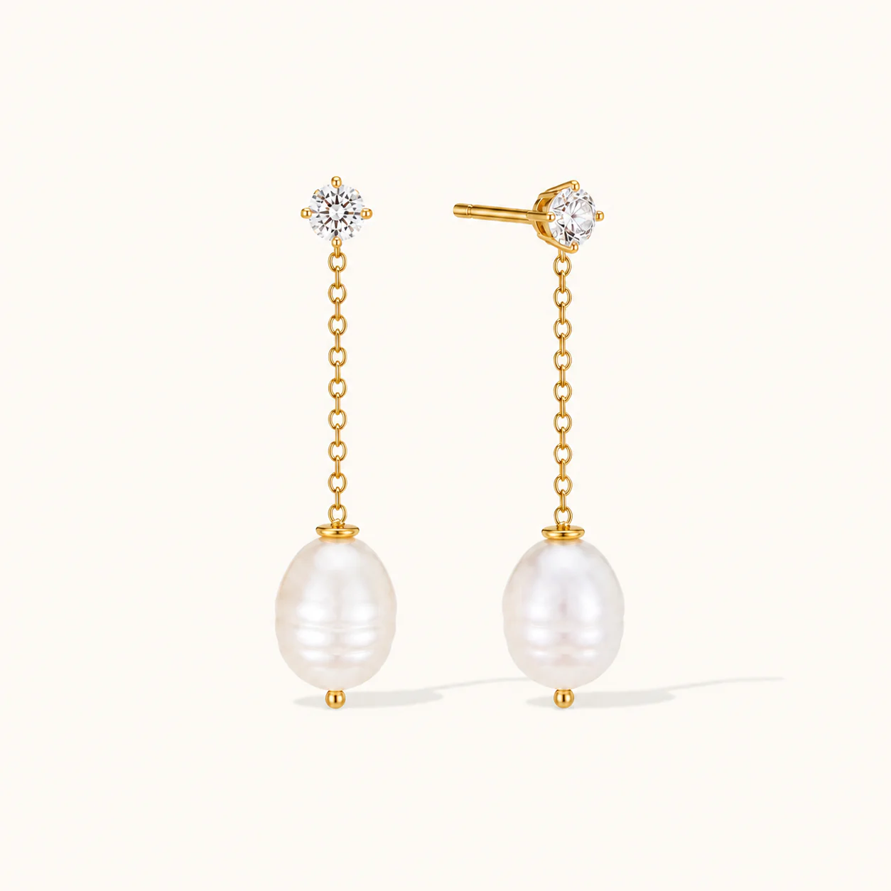 Pearl Chain Drop Stud Earrings Gold - Image 2