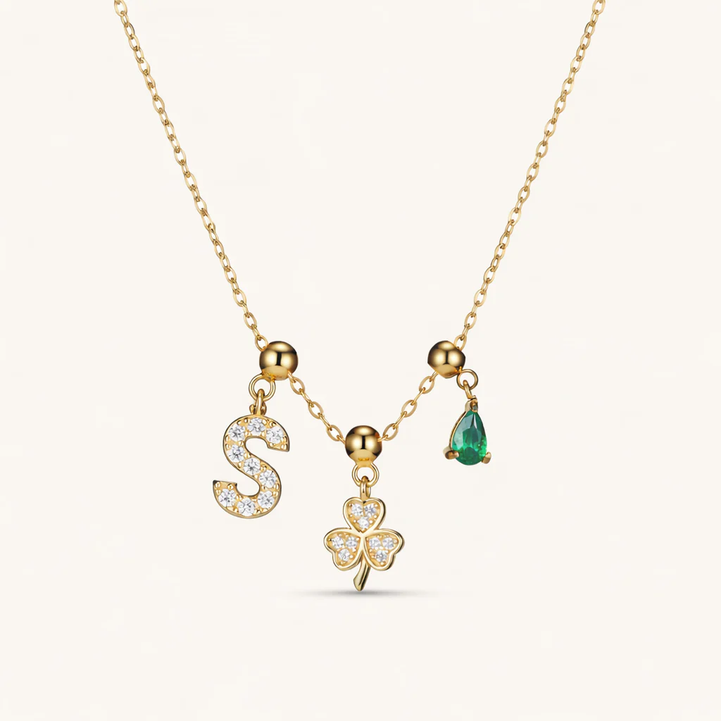 S Lucky Emerald Charm Necklace Gold