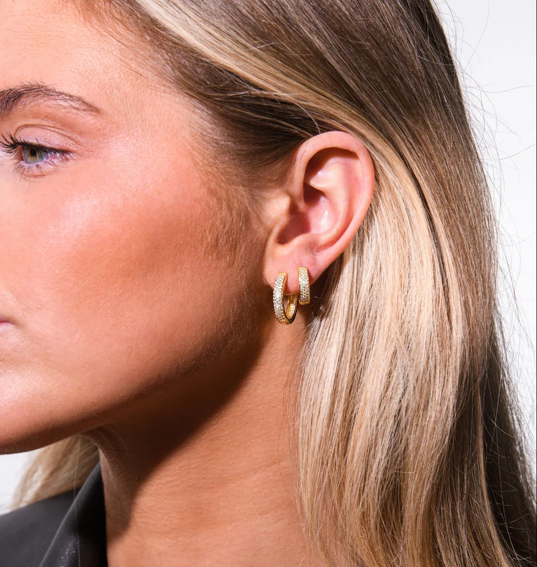 Small Bold Pave Hoops & Medium Bold Pave Hoops Stacking Set in Gold - Image 3