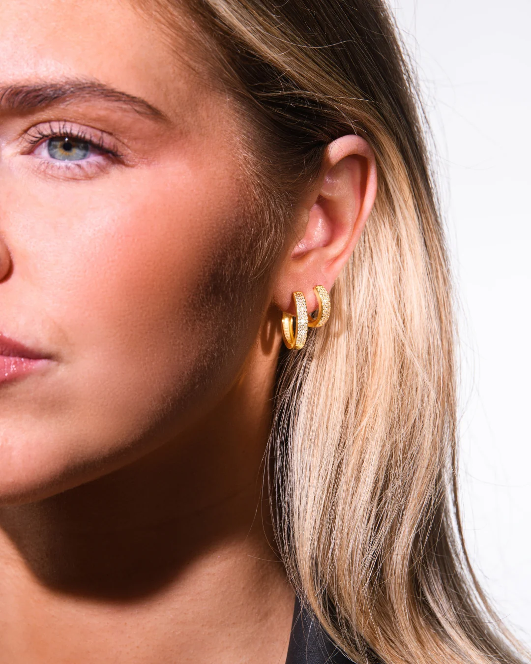Small Bold Pave Hoops & Medium Bold Pave Hoops Stacking Set in Gold - Image 4