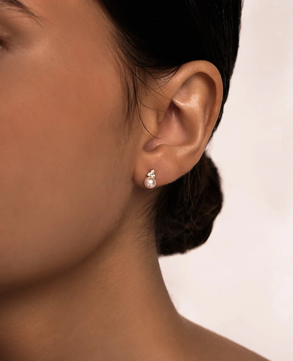 Trinity Pearl Studs in Gold - Image 5
